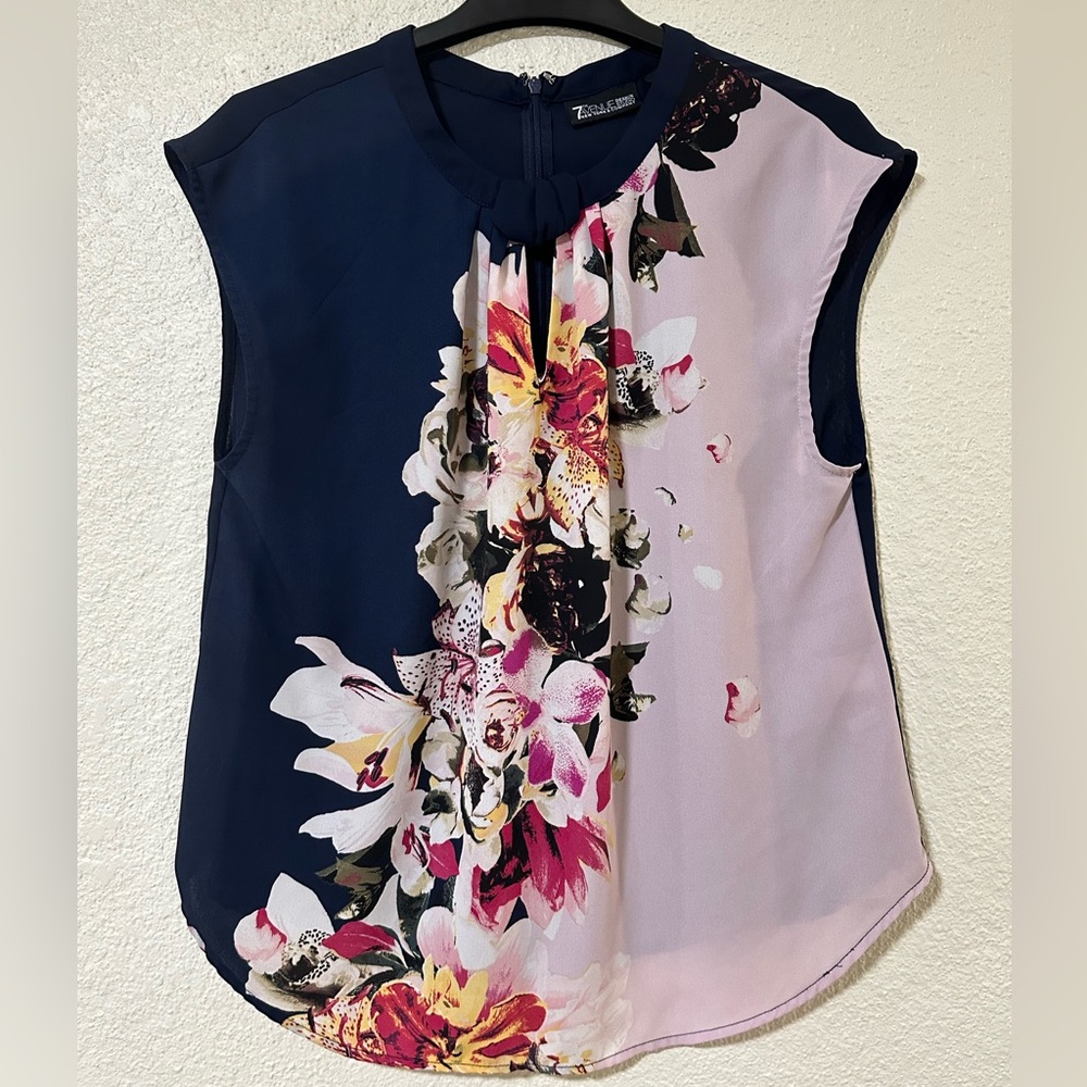 New York & Company Navy and Pink Floral Blouse